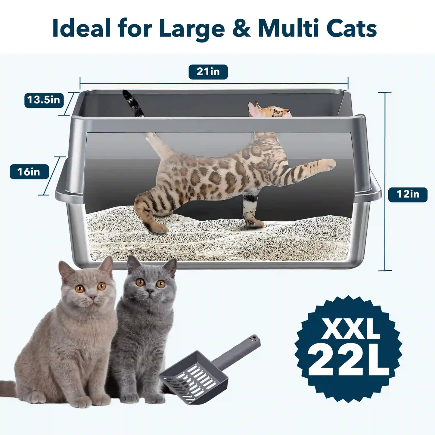 XXL Stainless Steel Cat Litter Box with Lid