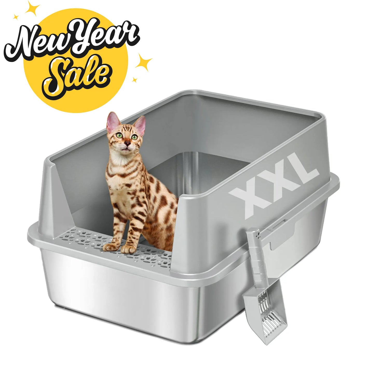 XXL Stainless Steel Cat Litter Box with Lid